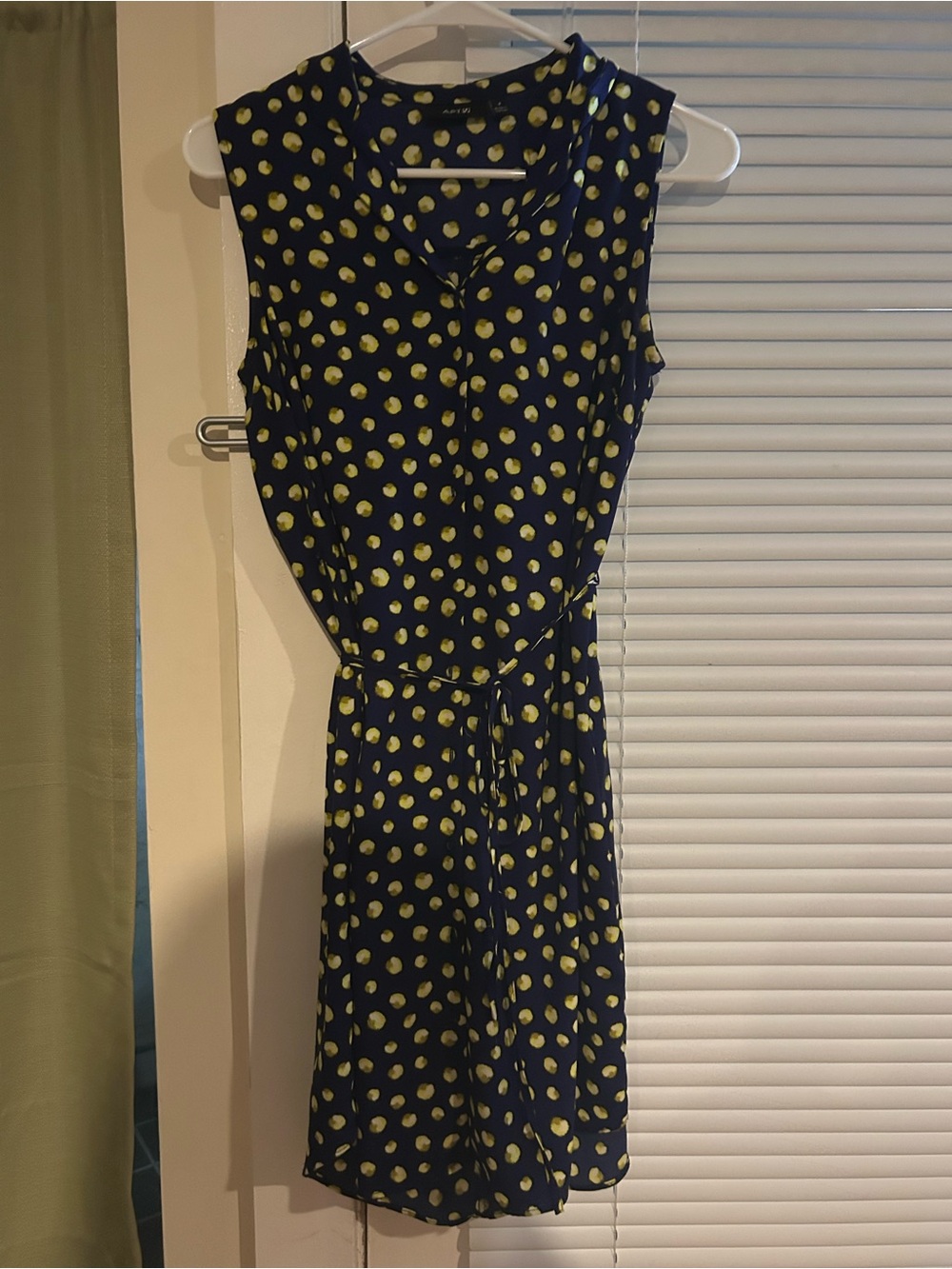 Apt. 9 Navy Shirt Dress with Yellow Polka Dot Print and Tie